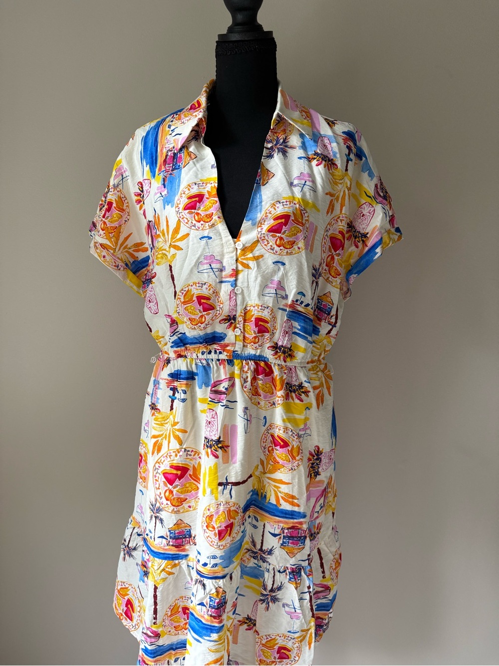 Casual White Tropical Print Button-Front Dress